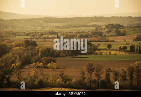 Das lebhafte toskanische Herbstlaub steht im Kontrast zu sanften Hügeln, während die Sonne über der ruhigen Landschaft untergeht und einen malerischen Blick auf die Schönheit der Natur bietet Stockfoto