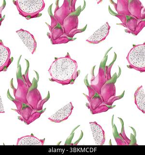 Nahtloses Muster mit Drachenfrucht. Aquarell handgezeichnete Illustration von rosa pitaya Frucht. Stockfoto