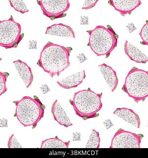 Nahtloses Muster mit einem Stück Drachenfrucht. Runde gehackte Scheiben. Aquarell handgezeichnete Illustration für Ihre Tapete, Textur, Verpackungsprodukte Stockfoto