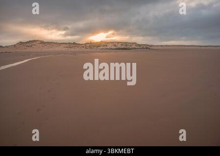 Der sonnenverwöhnte Tag kurz vor Sonnenuntergang und über den Dünen und dem Golfplatz in Montrose (mit Blick vom Strand). Stockfoto
