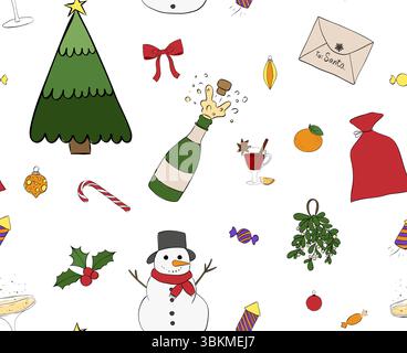Nahtloses Muster mit Weihnachtsbaum, Schneeflocke, goldenem Stern. Weihnachten, neues Jahr Design Vektor-Grafiklinie Tinte Illustration. Niedlich handgezeichnet flach de Stock Vektor