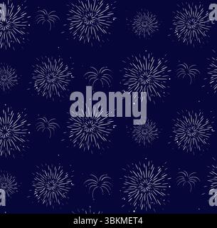 Feuerwerk nahtloses Muster in der Nacht. Nahtloses Muster. Abbildung der grafischen Vektorfarbe. Für Postkarten, Banner für Karten, Dekorationen, Aufkleber, Logbuch Stock Vektor