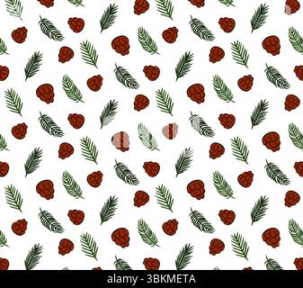 Nahtloses Muster von Kiefernästen und -Kegeln. Abbildung der grafischen Vektorfarbe. Perfekt für Karten, Dekorationen, Aufkleber, Logo, Menü, verschiedene Designs. Stock Vektor