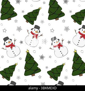 Schneeflocken, Schneemann und Weihnachtsbäume nahtlos. Abbildung der grafischen Vektorfarbe. Weihnachtliche Textur für Bettwäsche, Pyjama und Wickeltuch Stock Vektor