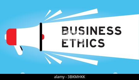 Farb-Megaphon-Symbol mit Wort Geschäftsethik in weißem Banner auf blauem Hintergrund Stock Vektor