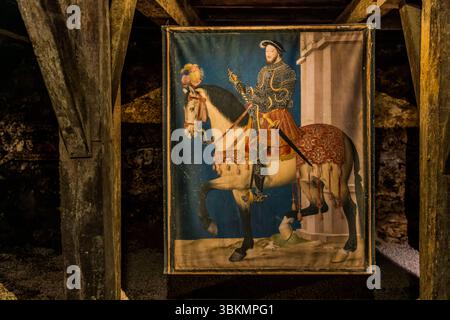 Gemälde von Francois I. in der Burg von Cognac. Der König von Frankreich galt für seine Zeit als gutaussehender und großer Mann. Er war politisch nicht sehr erfolgreich, wurde 1525 von den Spaniern gefangen genommen und im Austausch für zwei seiner Söhne freigelassen. Besichtigungstour mit Verkostung im Château de Cognac. Rampe du Château, Cognac, Nouvelle-Aquitaine, Frankreich Stockfoto