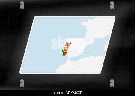 Portugal wird in Flaggenfarben auf der geografischen Karte hervorgehoben. Moderne Karte vor dunklem abstraktem Hintergrund. Stock Vektor