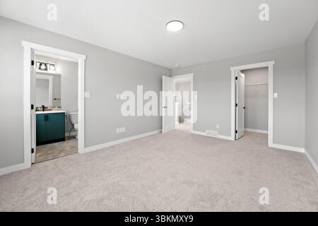 Großes, leeres Zimmer mit Bad und begehbarem Schrank. Das Badezimmer hat ein Waschbecken und eine Toilette und der Schrank hat eine Hängestange. Das Zimmer ist hauptsächlich weiß Stockfoto