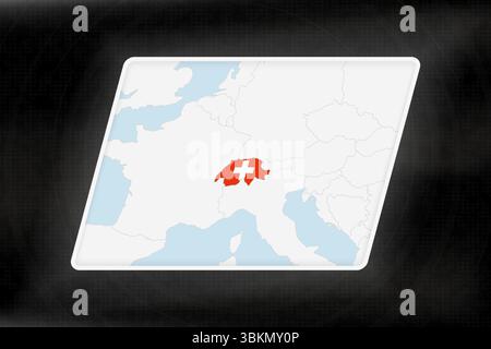 Die Schweiz wird in Flaggenfarben auf der geografischen Karte hervorgehoben. Moderne Karte vor dunklem abstraktem Hintergrund. Stock Vektor