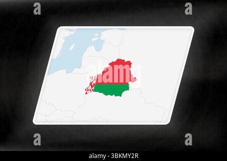Weißrussland in Flaggenfarben auf der geografischen Karte hervorgehoben. Moderne Karte vor dunklem abstraktem Hintergrund. Stock Vektor