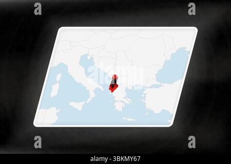 Albanien wird in Flaggenfarben auf der geografischen Karte hervorgehoben. Moderne Karte vor dunklem abstraktem Hintergrund. Stock Vektor