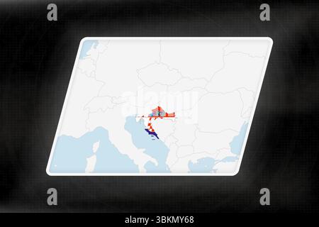 Kroatien wird in Flaggenfarben auf der geografischen Karte hervorgehoben. Moderne Karte vor dunklem abstraktem Hintergrund. Stock Vektor