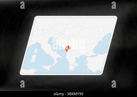 Montenegro wird in Flaggenfarben auf der geografischen Karte hervorgehoben. Moderne Karte vor dunklem abstraktem Hintergrund. Stock Vektor
