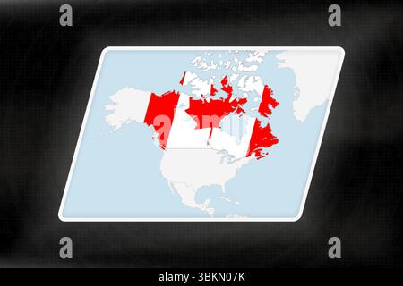 Kanada in Flaggenfarben auf geografischer Karte hervorgehoben. Moderne Karte vor dunklem abstraktem Hintergrund. Stock Vektor