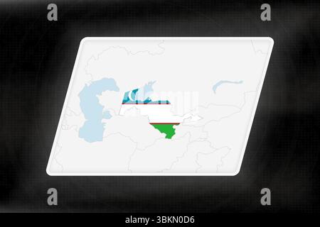 Usbekistan wird in Flaggenfarben auf der geografischen Karte hervorgehoben. Moderne Karte vor dunklem abstraktem Hintergrund. Stock Vektor