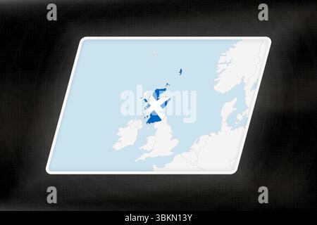 Schottland in Flaggenfarben auf der geografischen Karte hervorgehoben. Moderne Karte vor dunklem abstraktem Hintergrund. Stock Vektor