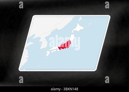 Japan wird in Flaggenfarben auf der geografischen Karte hervorgehoben. Moderne Karte vor dunklem abstraktem Hintergrund. Stock Vektor