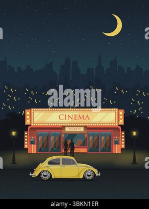 Gelbes Oldtimer vor einem Retro-Kino bei Nacht mit leuchtenden Lichtern, Mondsichel und Skyline der Stadt im Hintergrund Stockfoto