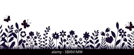 Handgezeichnete Blumen auf weißem Hintergrund, Blumenbanner mit wilden Silhouetten von Blumen und Blättern verziert. Stock Vektor
