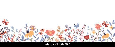 Handgezeichnete Blumen auf weißem Hintergrund, Blumenbanner mit bunten Wildblumen und Blättern verziert. Stock Vektor