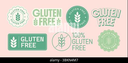 Glutenfreie Etiketten und Abzeichen mit Weizen in minimalem Stil. Modernes Design für Produktverpackungen. Vektorabbildung Stock Vektor