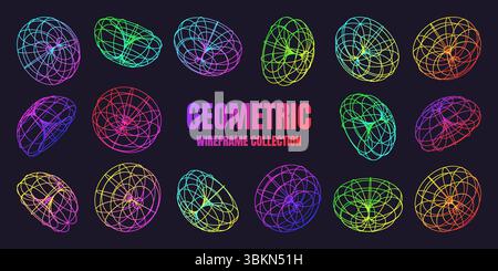 Neon-beschichtete Drahtmodellformen. Perspektivisches Netz, 3D-Raster. Geometrische Elemente mit niedrigem Poly. Futuristische Retro-Designelemente, y2k, Vaporwave und Synthwave Stock Vektor