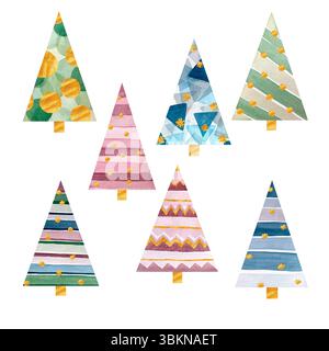 Set abstrakter Weihnachtsbäume in blauen, grünen und burgunderroten Farben. Handgezeichnetes Aquarell isoliert auf weißem Hintergrund. Stockfoto