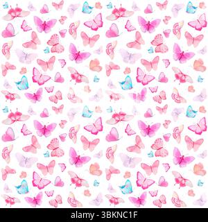 Nahtloses Muster mit roten, rosa, blauen und lila Schmetterlingen, handgezeichnet in Aquarell. Stockfoto
