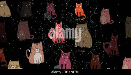 Zeigt stilisierte Karikaturkatzen, die ein Wiederholungsmotiv im kosmischen Design bilden, mit Stern-Punkt-Sternenkonstellationen Stockfoto