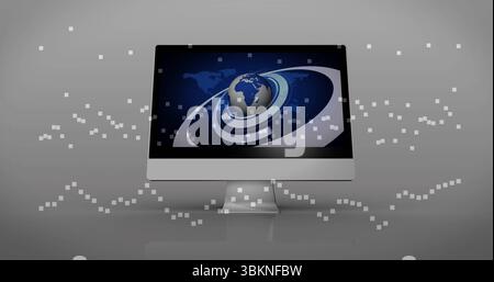 Anzeige des All-in-One-Computers mit 3D-Globus-Grafik auf der Tischplatte im Studio mit Pixelmotiven Stockfoto