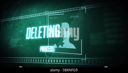 Holographisches Raster in HUD mit pixeliger Silhouette, PROZESSTEXT LÖSCHEN, Code 00155 Stockfoto