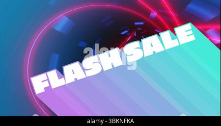 Hervorhebung des Flash-Verkaufstextes, der über das Farbfeld im Neontunnel mit Ringen und Streifen schräg ist Stockfoto