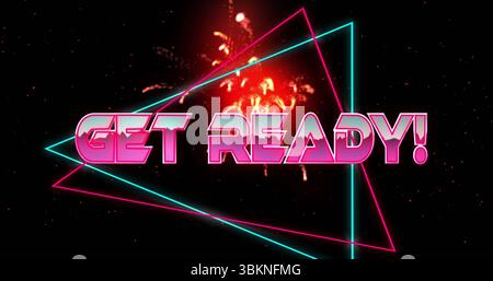 Pulsierender Text in 3D-Neonpink MACHEN SIE SICH BEREIT! Leuchtet auf digitaler Leinwand, mit Neonrahmen und Feuerwerk Stockfoto