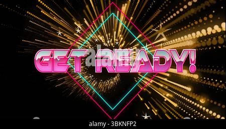 Strahlendes Neon 3D MACHEN SIE SICH BEREIT! Text auf schwarzem Hintergrund mit türkisfarbenem magentafarbenem Rahmen und Lichteffekten Stockfoto