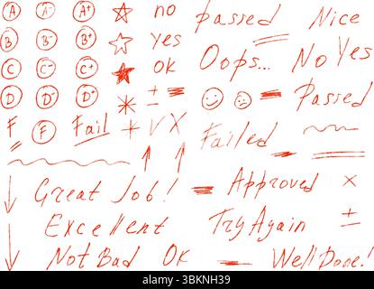 Prüfungsbriefe Grade Markierungen Wachsmalstift Stil Set. Schultest Ergebnisse handgezeichnete Singen. Lehrerbewertungen für Hausaufgaben. Vektorhandschriftliche Qualifikationsratte Stock Vektor