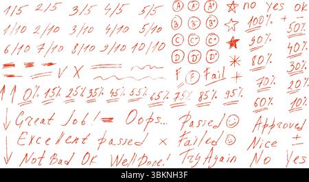 Prüfungsnoten Buntstift-Doodle-Set. Schultestergebnisse verschiedene handgezeichnete Sänge. Lehrer-Scores von Schüleraufgaben. Vektor handgeschriebenes Scribble mA Stock Vektor