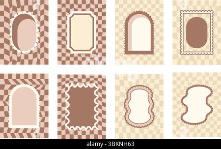 Braune Retro-Rahmen mit groovigem Schachbretthintergrund. Set aus lustigen beigefarbenen Borten mit gewellten Kanten in Muschelform. Textfelder und Callout-Vorlagen für Einladungen Stock Vektor