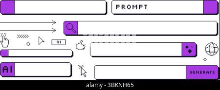 Bild-KI-Balken-Pixel-Bildsatz generieren. 8-Bit-Webbrowser: Sammlung von Elementen für Strichaufforderungen. Retro-Internetformen. Klicken Sie auf die Fenster Cursor und Schaltflächen. Vect Stock Vektor