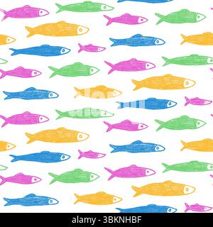 Nahtloses Muster in Buntstiftfarben. Sardinen handgezeichnet endlosen Hintergrund. Nautische Wiederholungsabdeckung. Seedurchgängiges Ornament. Oberflächenmuster Wat Stock Vektor