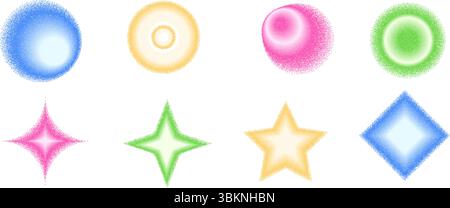 Geometrisches Formset für Farbverlauf der Körnung. Y2K-Rauschkreis mit Sternformen. Bunte runde Symbole auf weißem Hintergrund. Trendige Textur Stock Vektor
