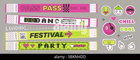 Sticker Formen und Armbänder Karten Set. Musikfestival, Konzertarmbänder, Patches im Retro-Rave-Stil. Papier y2k-Stempel und Pixel Art Handetiketten. Stock Vektor