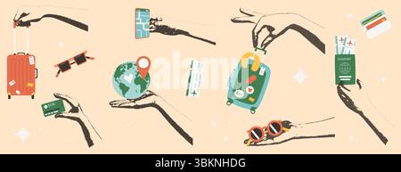 Reisecollage mit Fotokopie Hand und flachen Tourismuselementen. Handfeuerhandfläche mit Koffer, Lageplan Pin, Globus, Tickets. Gepäck, Sonnenbrille. Stock Vektor
