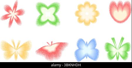 Geometrisches Formset für Gradienten für Rauschen der Kornfarbe. Y2K bunte Schmetterlings- und Blumensymbole auf weißem Hintergrund. Blumen- und fliegende Körnerfiguren. Trendig Stock Vektor