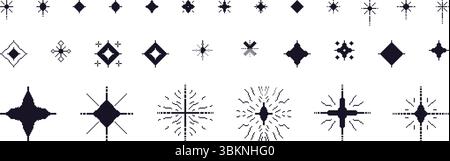 Pixel Art Sterne Silhouette. 8-Bit-Kontur funkelt. Magische Feuerwerk-Symbole im Retro-Stil der 90er Jahre. Schwarze Linien glänzen mit Glitzer. Glitzernde y2k Schneeflocken. Starbu Stock Vektor