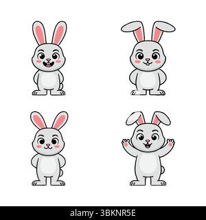 Niedliche Karikaturkaninchen in verschiedenen Posen isoliert auf weißem Hintergrund. Satz von flachen Zeichentrickvektorillustrationen isoliert auf weißem Hintergrund Stock Vektor
