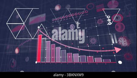 Anzeige absteigender Balken mit Datenabwurf auf Gitterhintergrund, mit gekrümmten Pfeilen und Virussymbolen Stockfoto