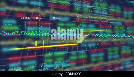 Anzeigen des Finanzdiagramms auf dem Bildschirm mit Kerzenleuchtern, gepunkteten Linien, Pfeil und numerischen Tickern Stockfoto