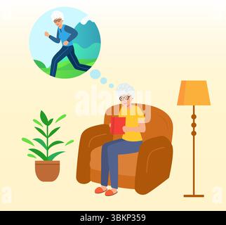 Oma sitzt zu Hause auf der Couch und liest ein Buch. Stock Vektor