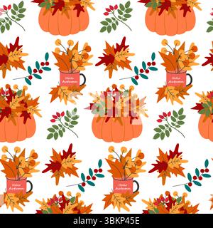 HandDrawn Kürbis und Tasse mit bunten Herbstblättern Komposition nahtloses Muster herbstlicher Hintergrund. Isolierte Vektor-Illustration Herbst Feiertag Themenkarten Hintergrund Party Einladung oder Banner, Faltblatt Stock Vektor