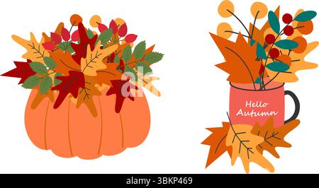 Herbstkompositionen in Kürbis und in Tasse mit Hello Herbsttext Herbstdesign-Elementen. Isolierte Vektor-Illustration Herbst Feiertag Themenkarten Party Einladung oder Banner, Flugblätter, Preisschild Stock Vektor